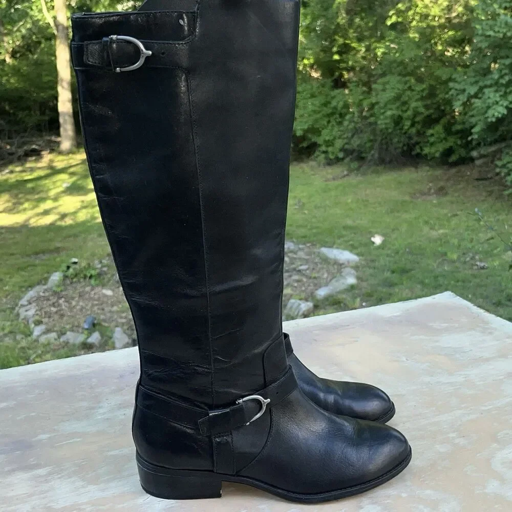Lauren Ralph Lauren Margarite Black Leather Knee High Riding Boots 8B Buckle Zip
